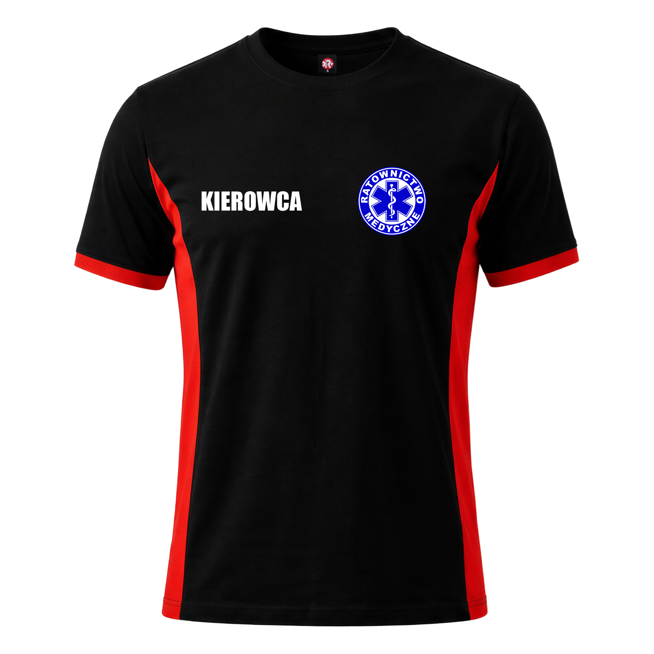 TRMF-przód-RM-napis-KIEROWCA Koszulka Kierowca Ratownik RM czarna z redhv bokami, przód